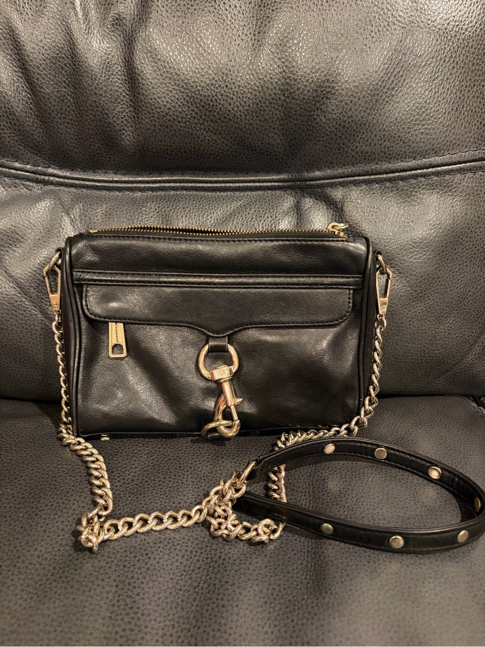 Rebecca Minkoff Black Leather Chain Strap Crossbody with Gold Hardware